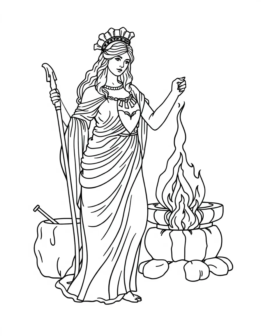 (Greek mythology) Hestia with a warm hearth and flame