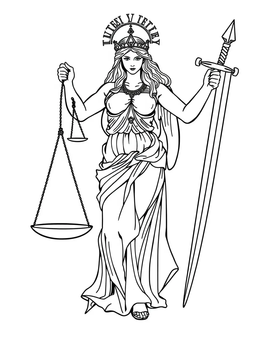 (Greek mythology) Nemesis with a balance scale and sword