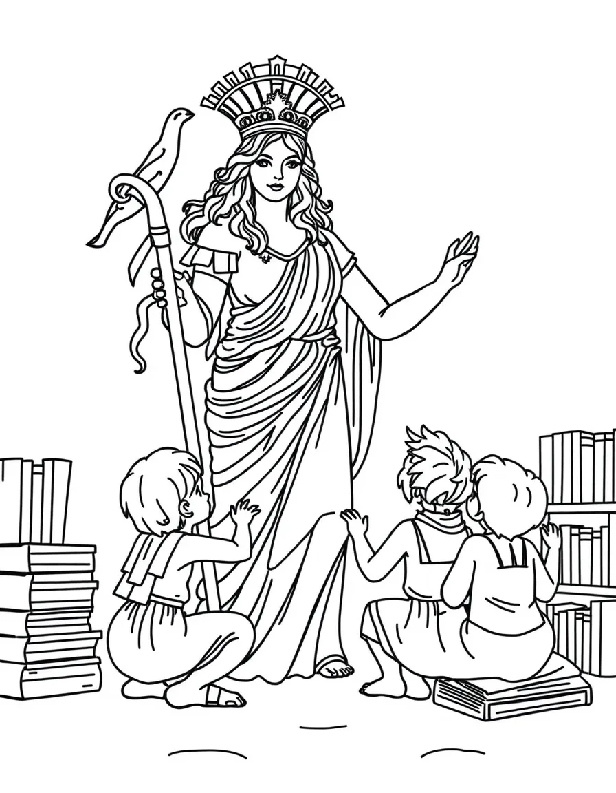 (Greek mythology) Athena teaching children in a library