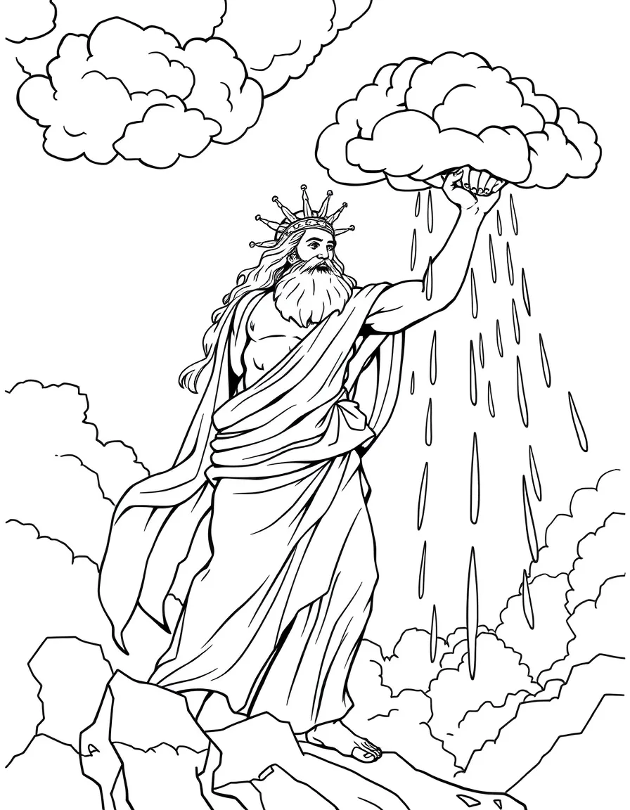 (Greek mythology) Zeus sending rain from the clouds