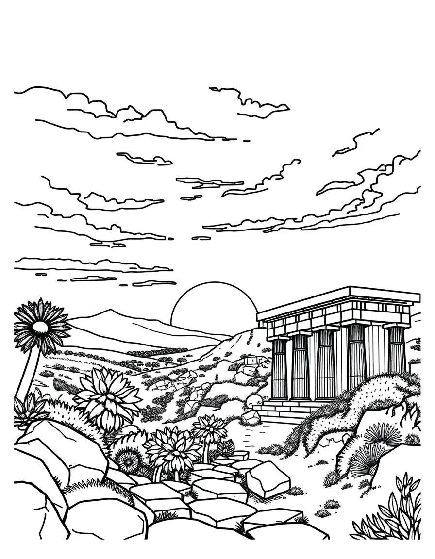 (Greek mythology) A peaceful sunset over ancient Greece