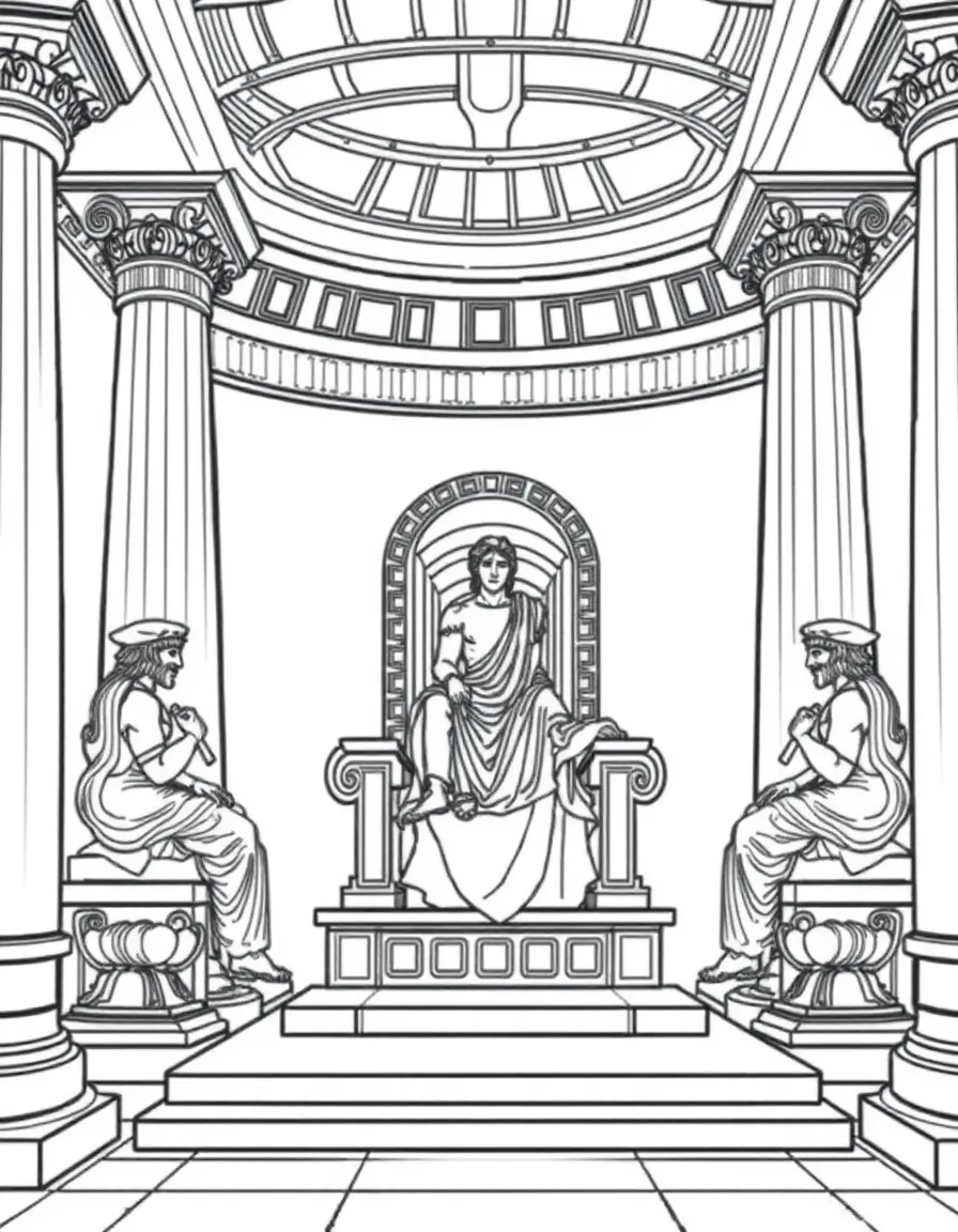(Greek mythology) A throne room with Greek god statues