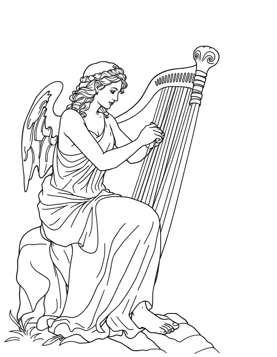 (Greek mythology) A harp being played by a nymph