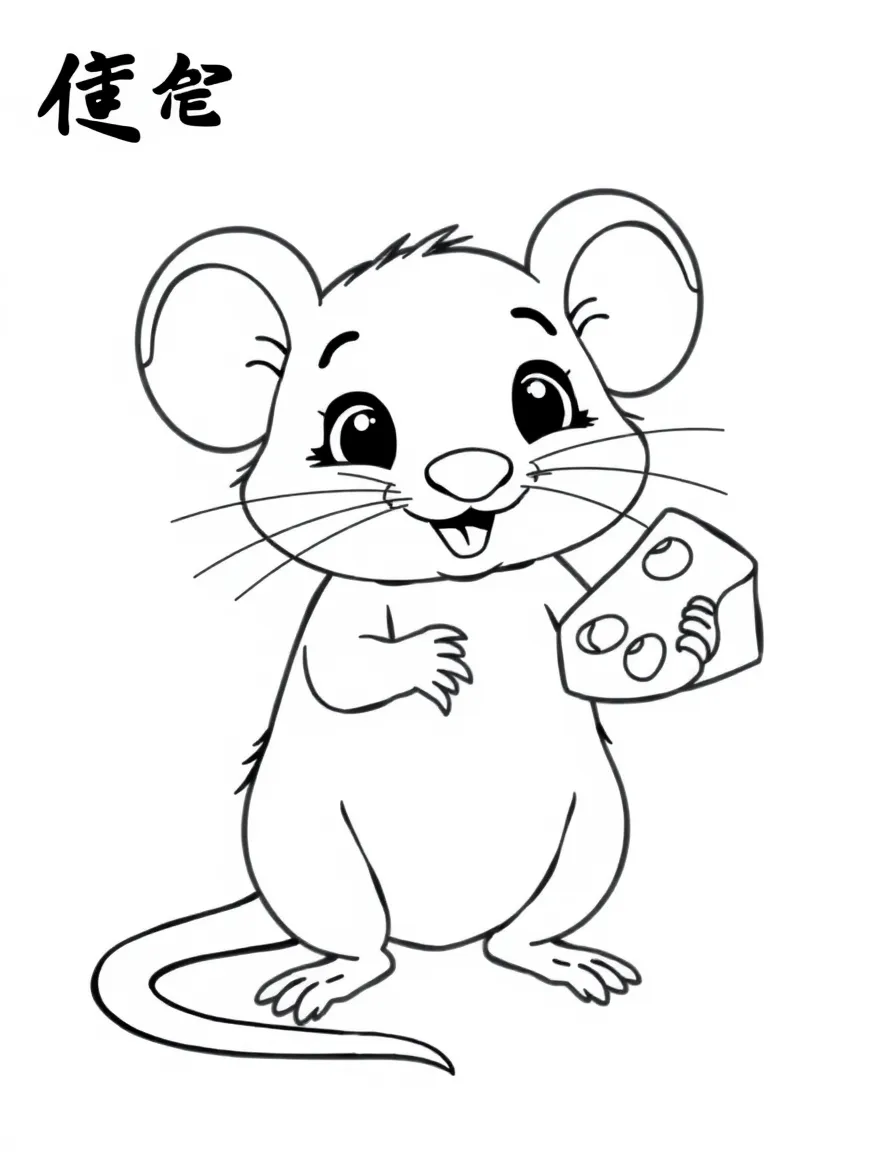 (Chinese Zodiac) A cute cartoon rat holding a piece of cheese with simple line art
