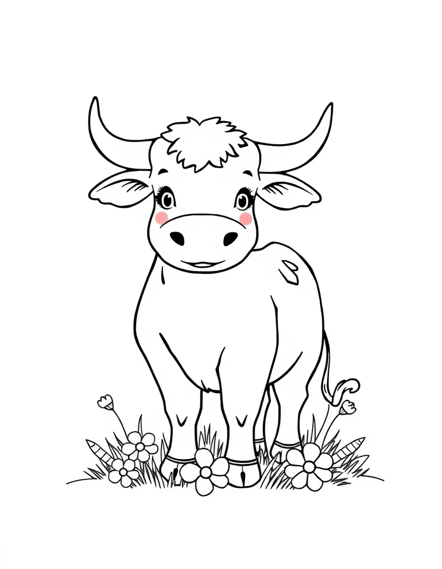 (Chinese Zodiac) A friendly ox standing in a meadow with flowers around its feet