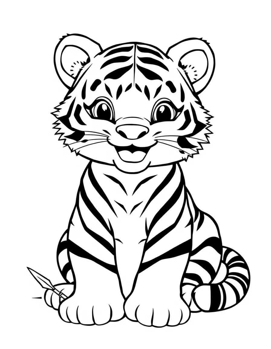 (Chinese Zodiac) A playful tiger cub with big stripes sitting and smiling