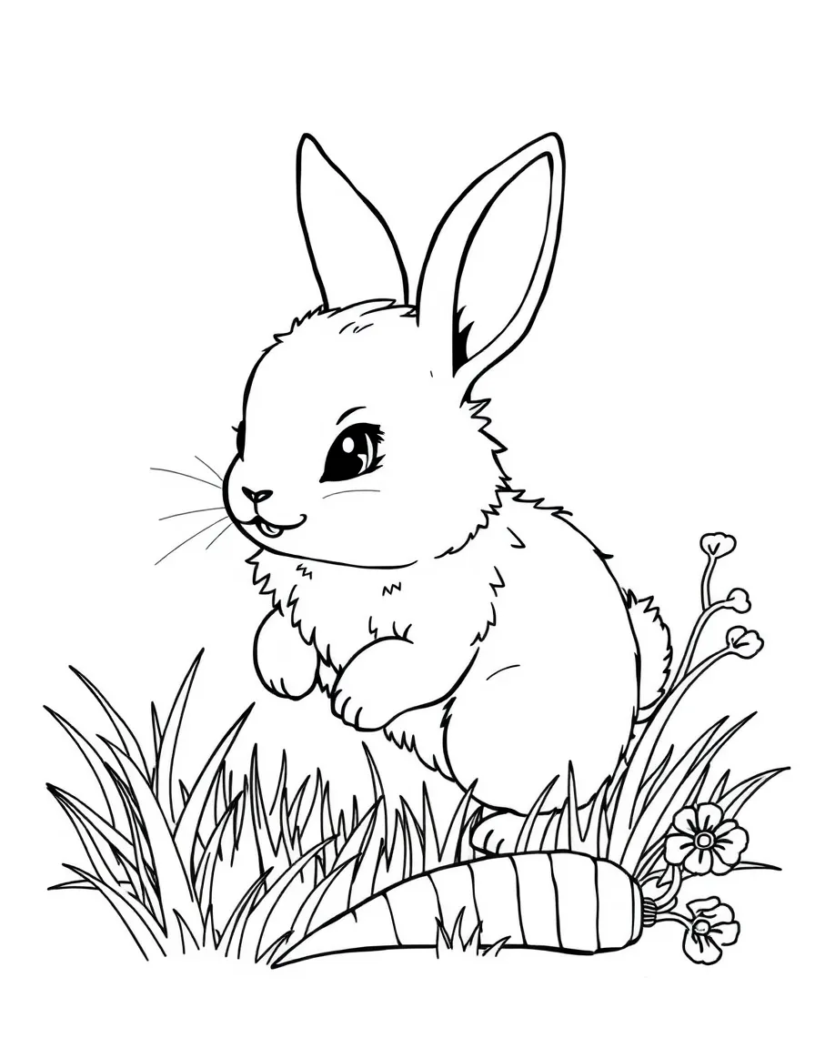 (Chinese Zodiac) A fluffy rabbit hopping through grass with a carrot nearby