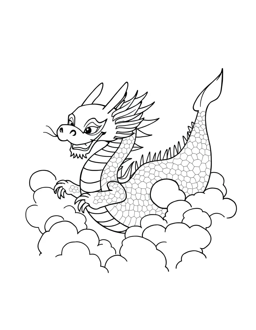 (Chinese Zodiac) A majestic dragon with curvy body and friendly face flying through clouds