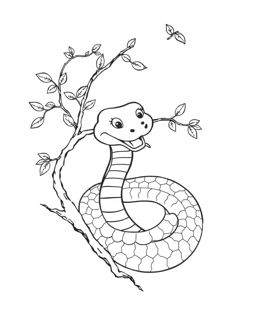 (Chinese Zodiac) A smiling snake coiled around a tree branch with leaves