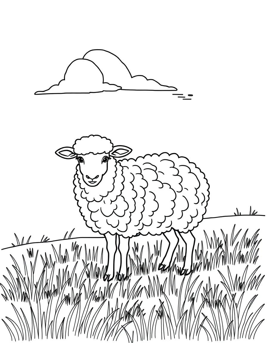 (Chinese Zodiac) A woolly sheep standing in a field with simple cloud shapes above