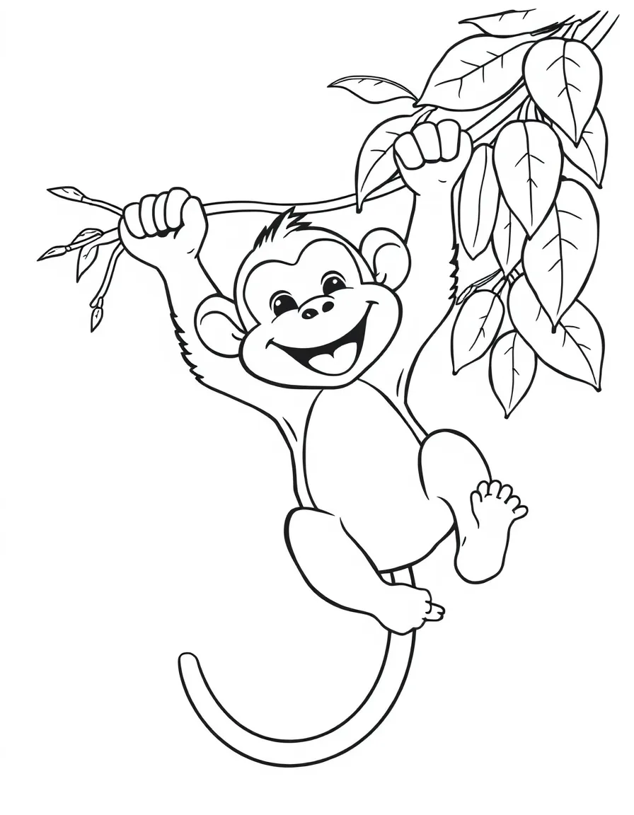 (Chinese Zodiac) A cheerful monkey swinging from a vine with bananas