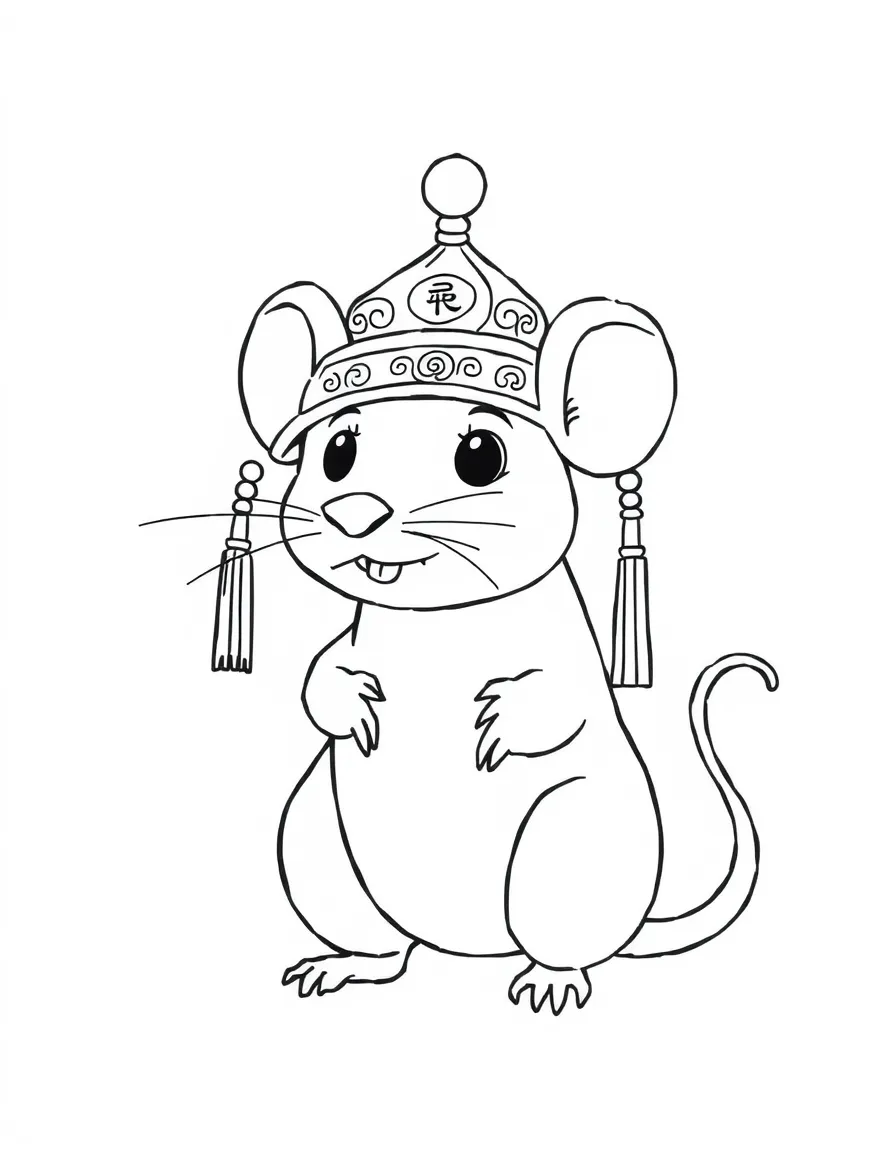 (Chinese Zodiac) Rat wearing a traditional Chinese hat with simple patterns