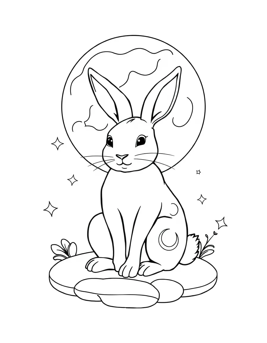 (Chinese Zodiac) Rabbit sitting under a full moon with stars around