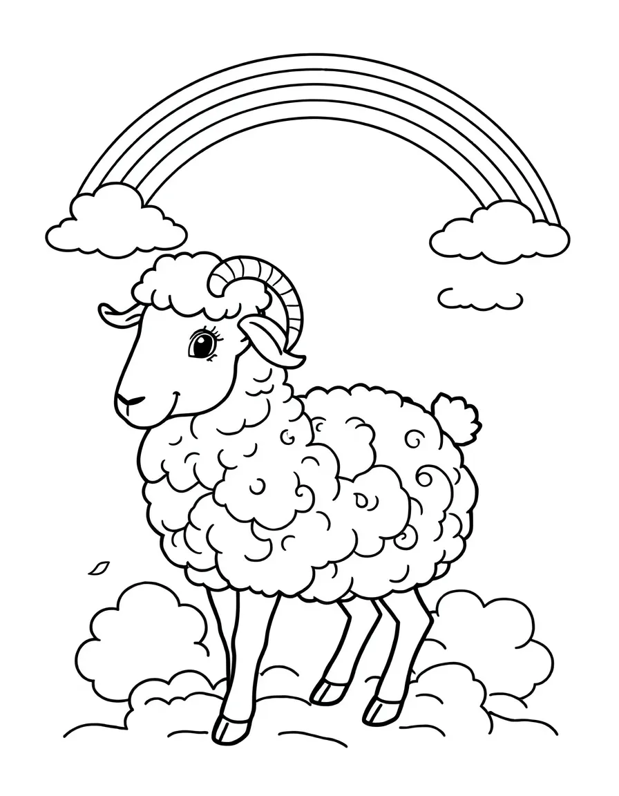 (Chinese Zodiac) Sheep with fluffy wool clouds and rainbow above