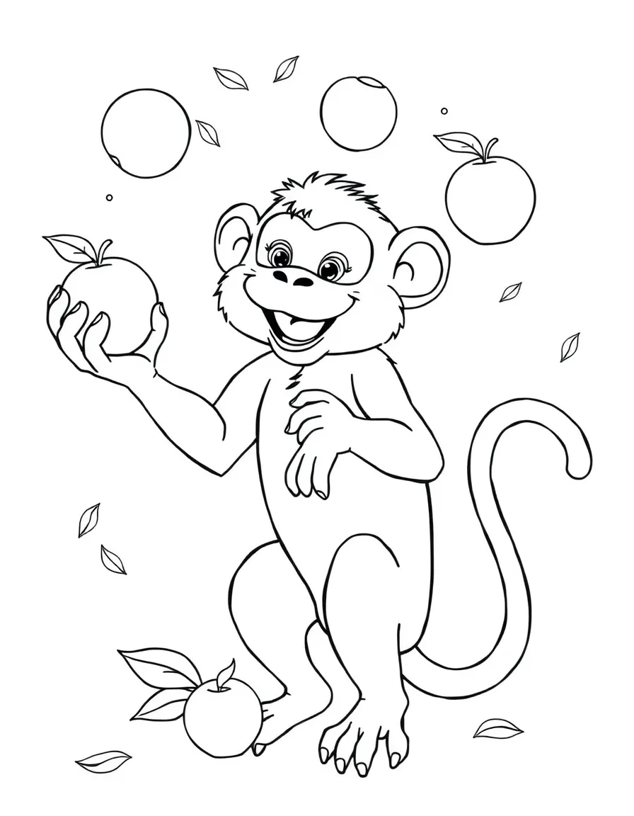 (Chinese Zodiac) Monkey juggling peaches with leaves scattered around