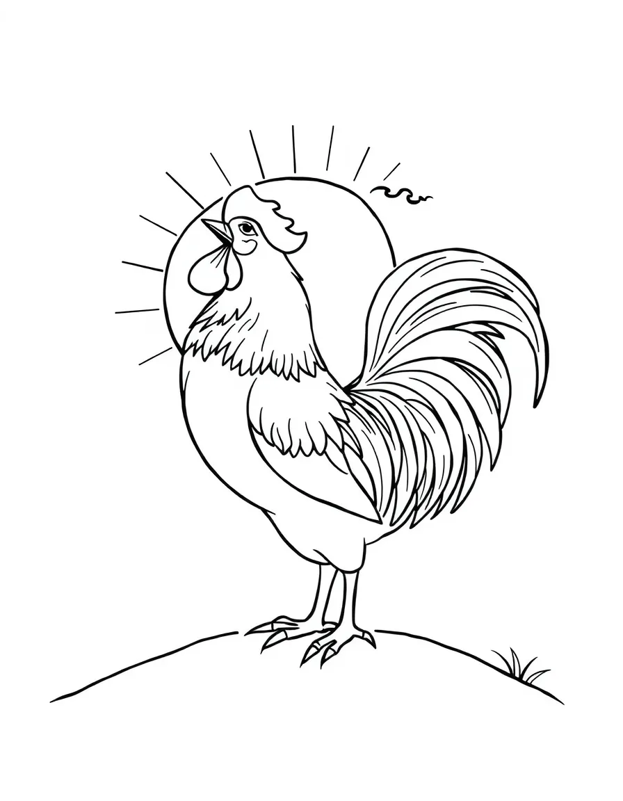 (Chinese Zodiac) Rooster crowing at sunrise with simple sun rays