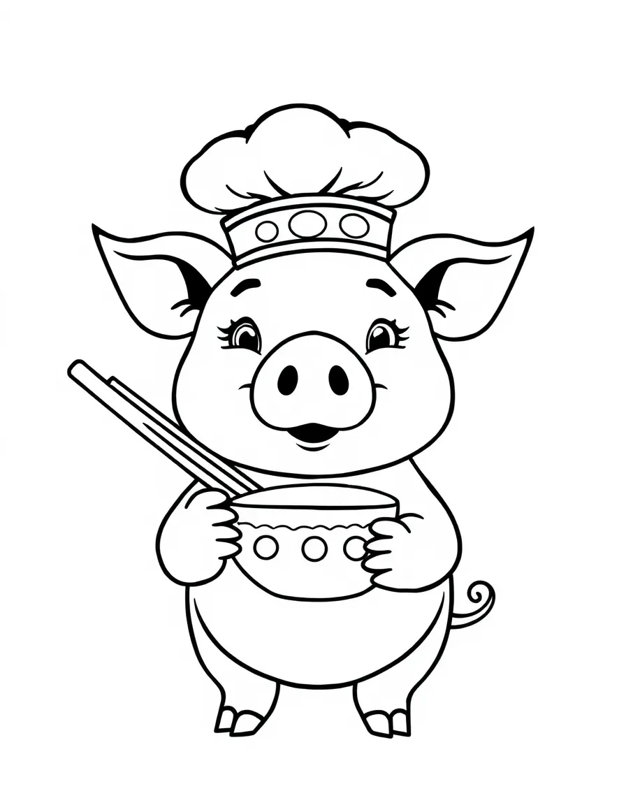 (Chinese Zodiac) Pig with a chef's hat holding chopsticks and bowl