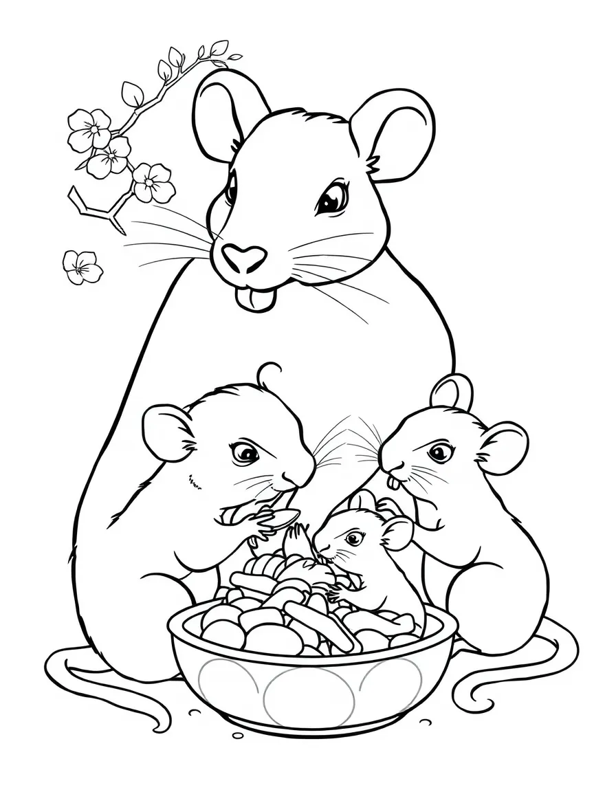 (Chinese Zodiac) Rat family with parent and baby rats sharing food