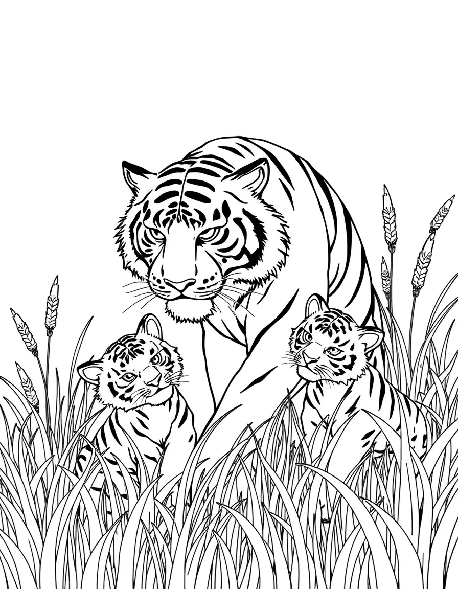(Chinese Zodiac) Tiger mother with cubs playing in tall grass