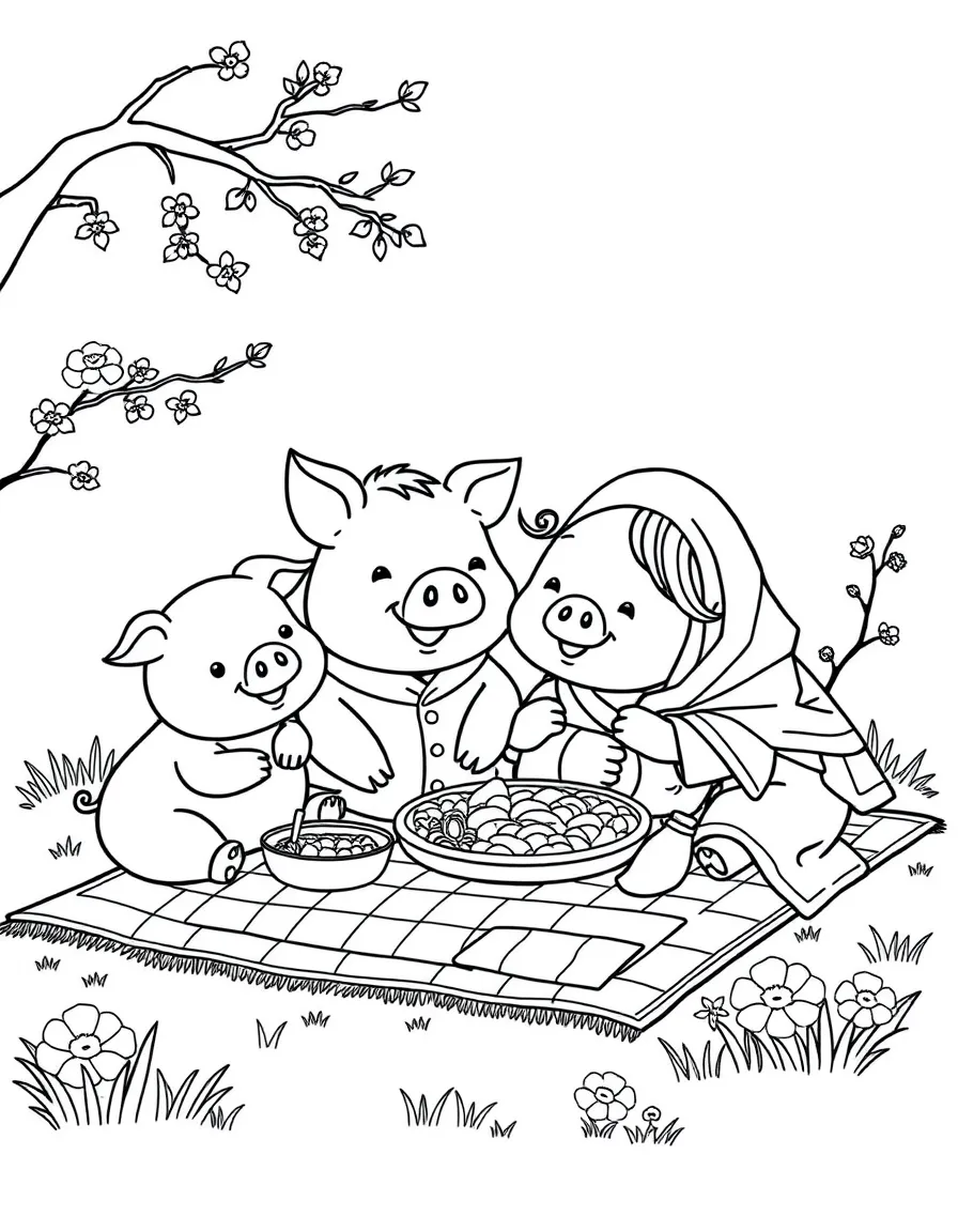 (Chinese Zodiac) Pig family having picnic with checkered blanket and food