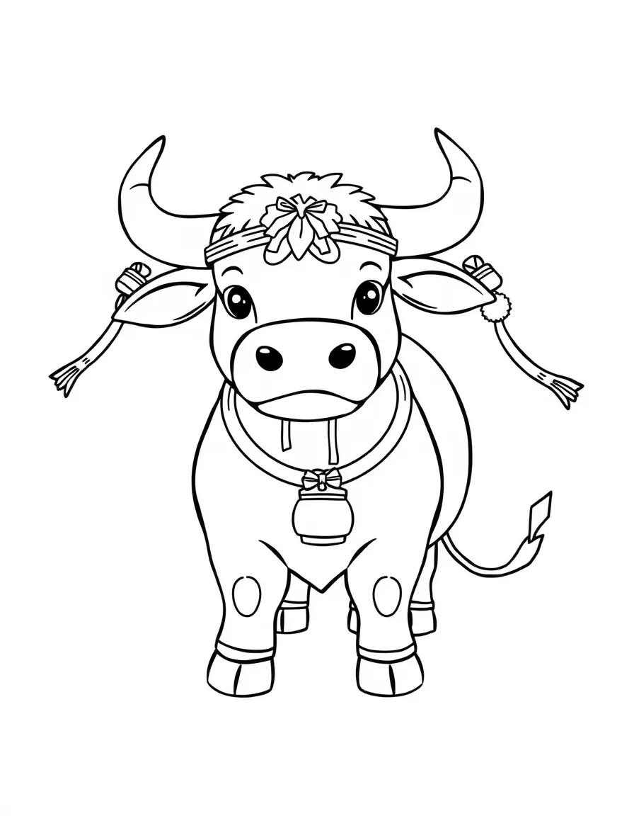 (Chinese Zodiac) Ox decorated with ribbons and bells for festival