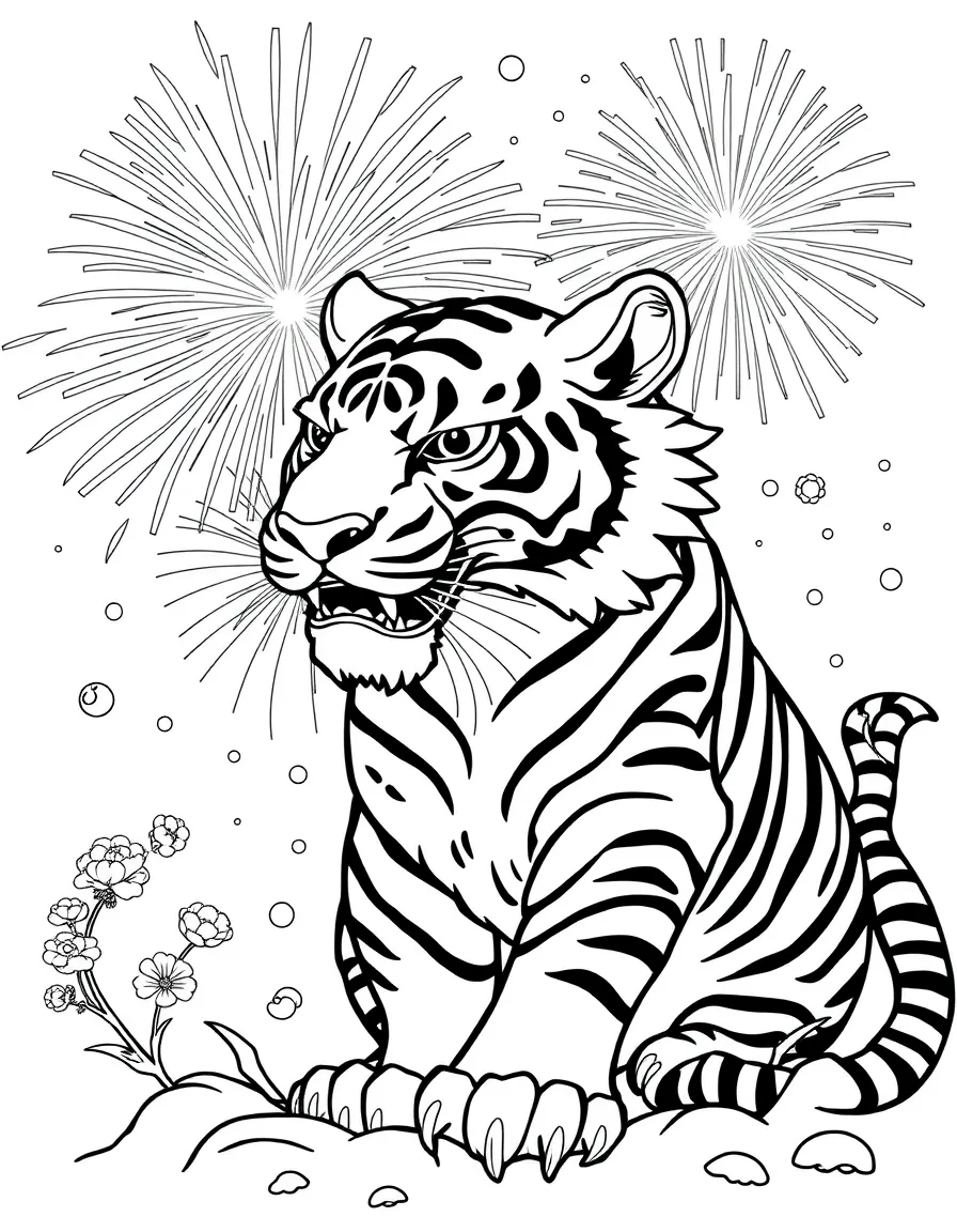 (Chinese Zodiac) Tiger with fireworks exploding in background outline