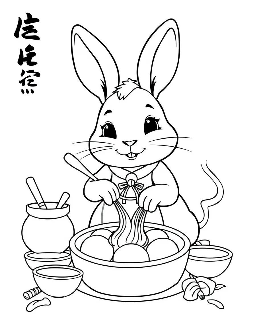 (Chinese Zodiac) Rabbit making rice cakes with cooking utensils around