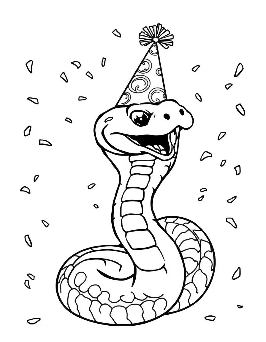 (Chinese Zodiac) Snake wearing party hat with confetti falling around