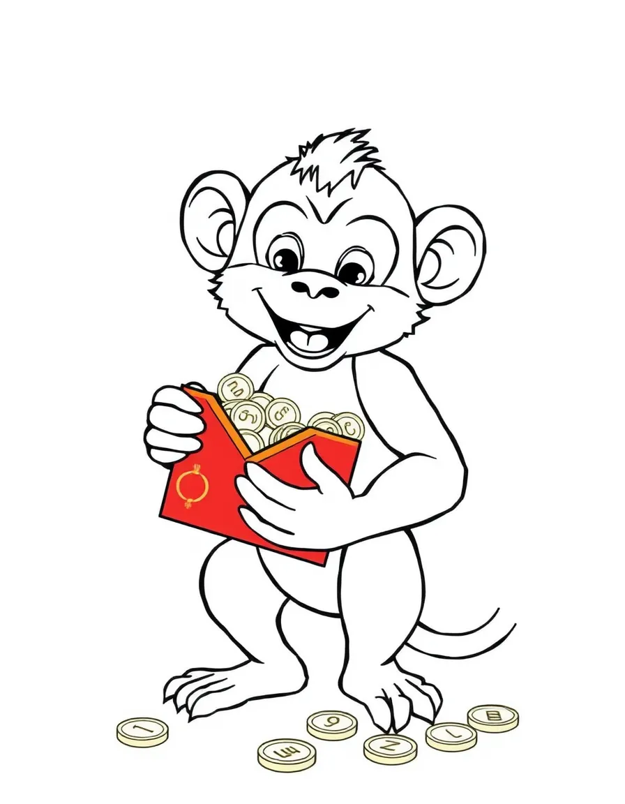 (Chinese Zodiac) Monkey holding red envelope with gold coins spilling out
