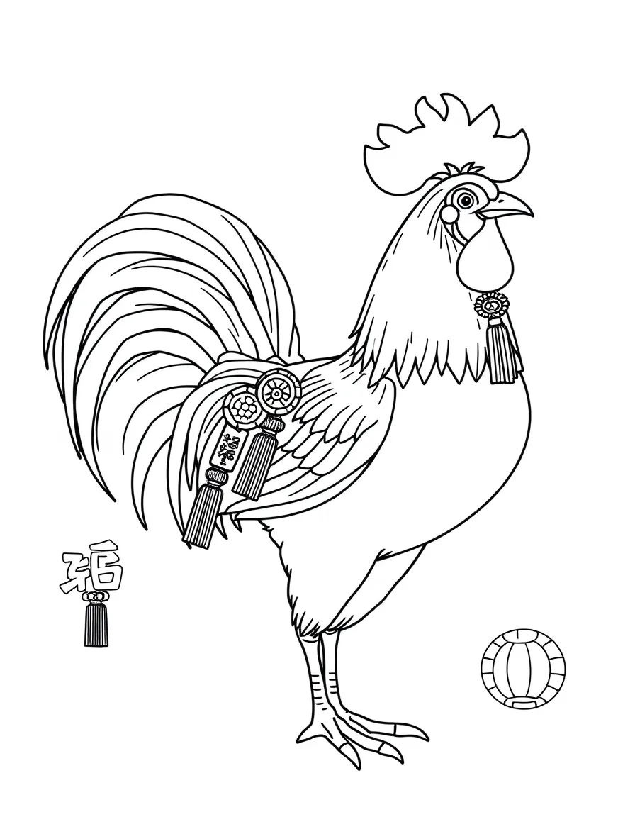(Chinese Zodiac) Rooster with Chinese New Year decorations in tail feathers