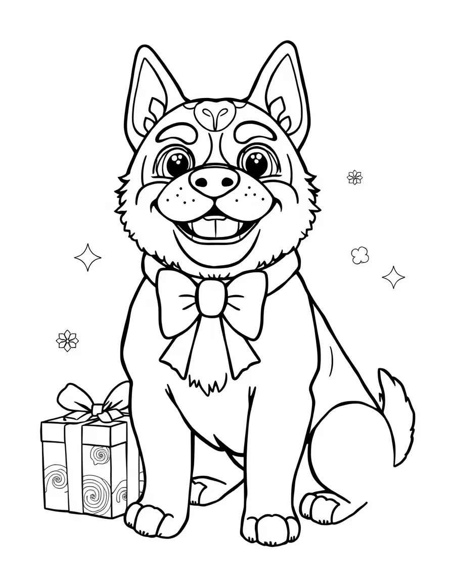 (Chinese Zodiac) Dog wearing festive bow tie with gift boxes nearby