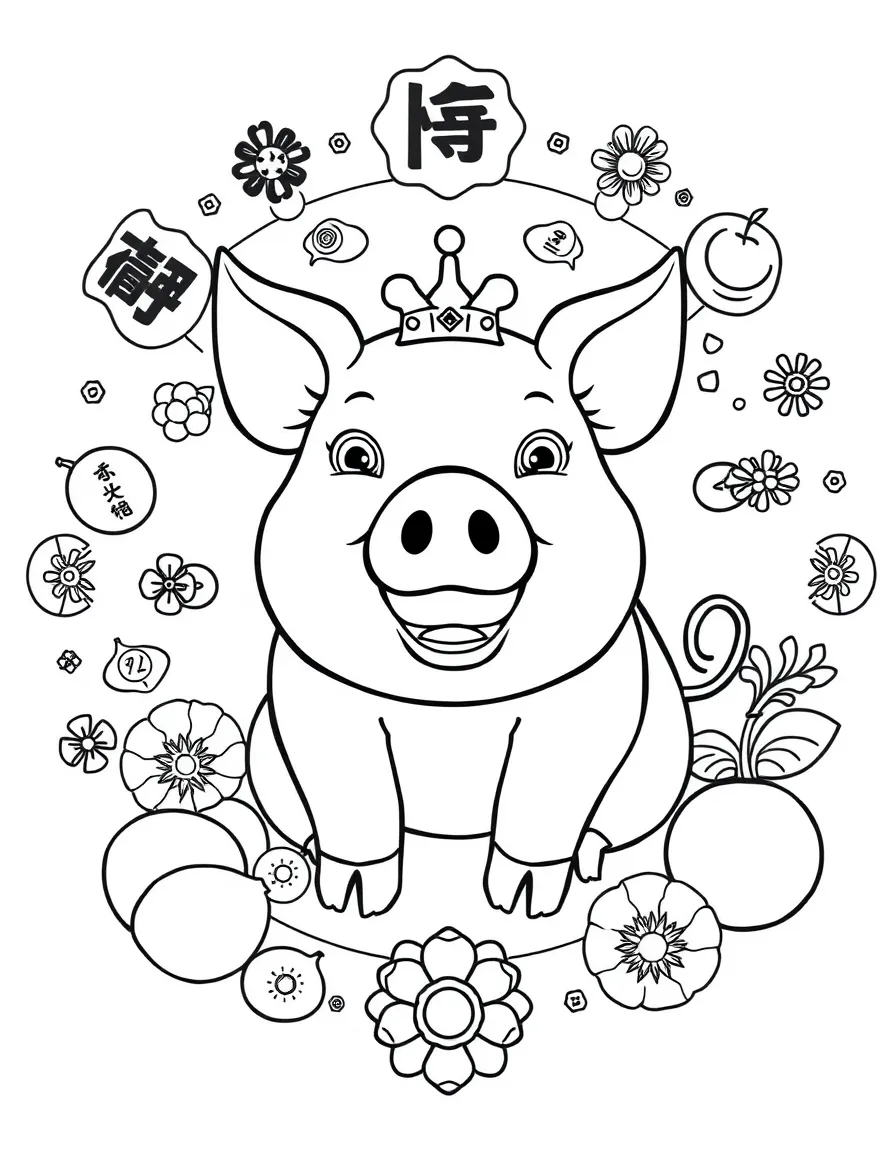 (Chinese Zodiac) Pig surrounded by abundance symbols like coins and fruit