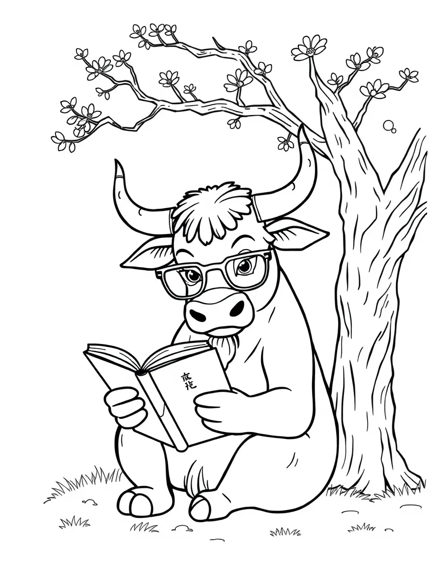 (Chinese Zodiac) Ox wearing glasses and reading a book under tree