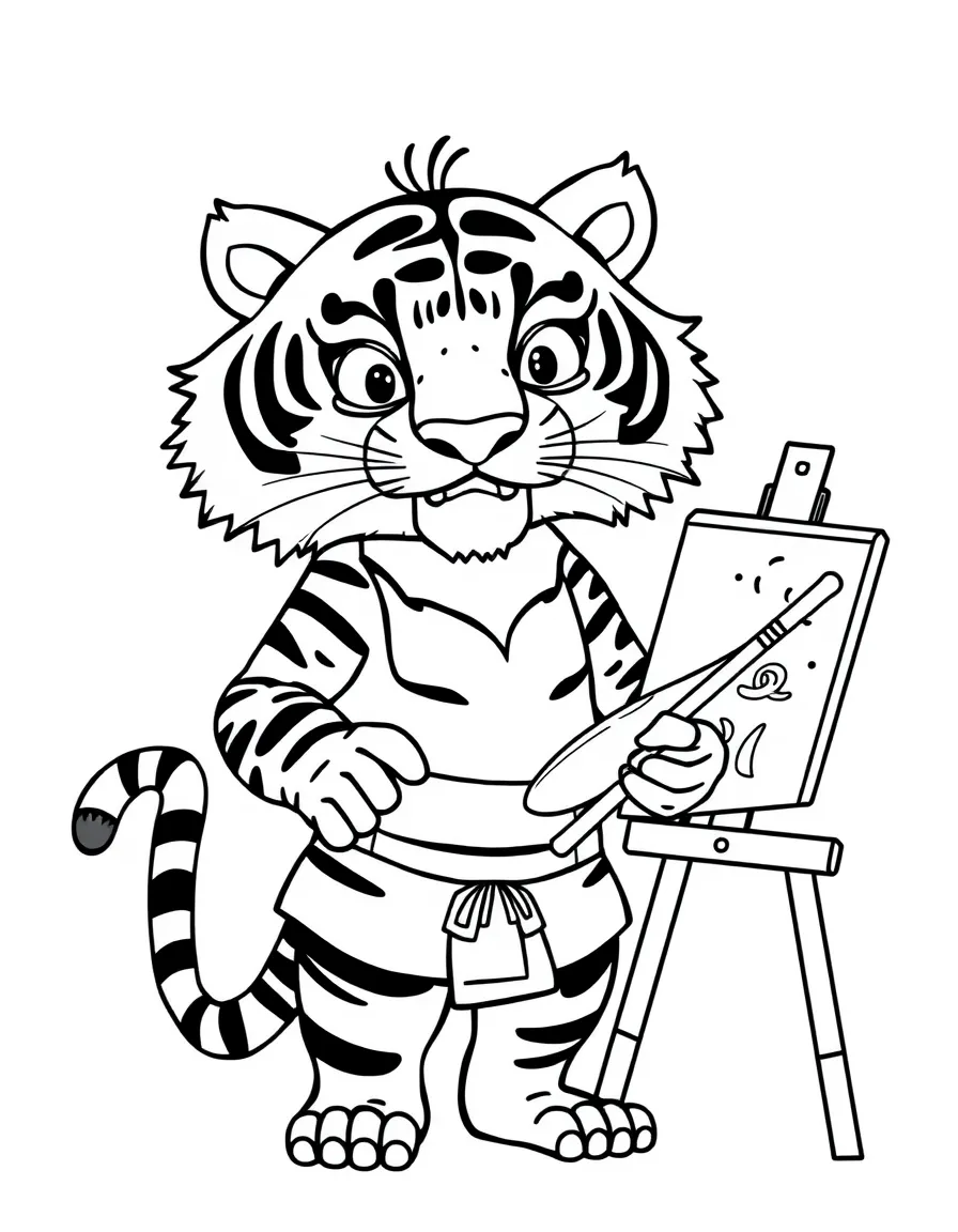 (Chinese Zodiac) Tiger artist holding paintbrush with palette and easel