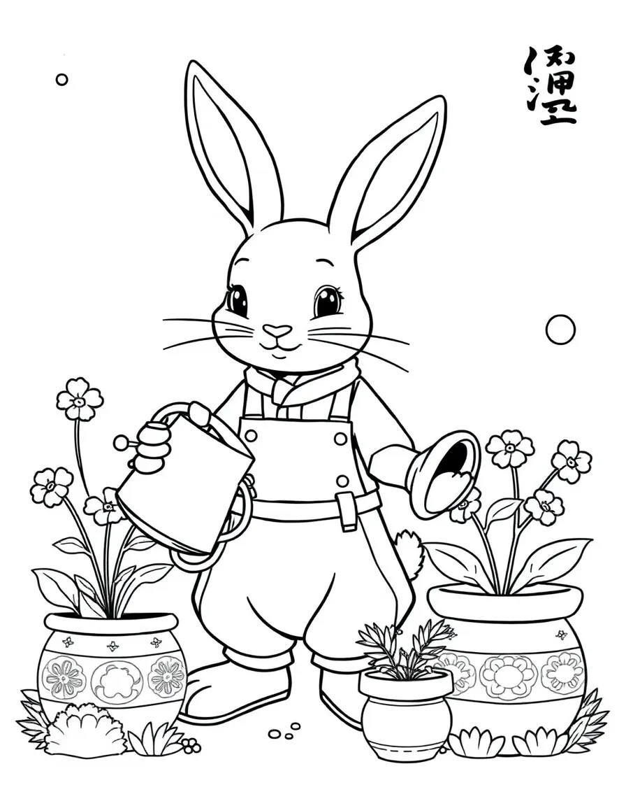 (Chinese Zodiac) Rabbit gardener with watering can and flower pots