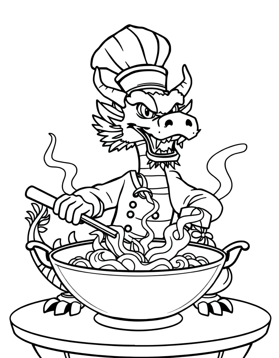 (Chinese Zodiac) Dragon chef with tall hat cooking in large wok