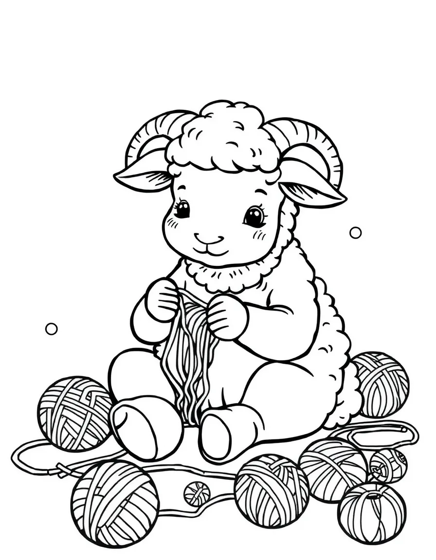 (Chinese Zodiac) Sheep knitting with balls of yarn scattered around