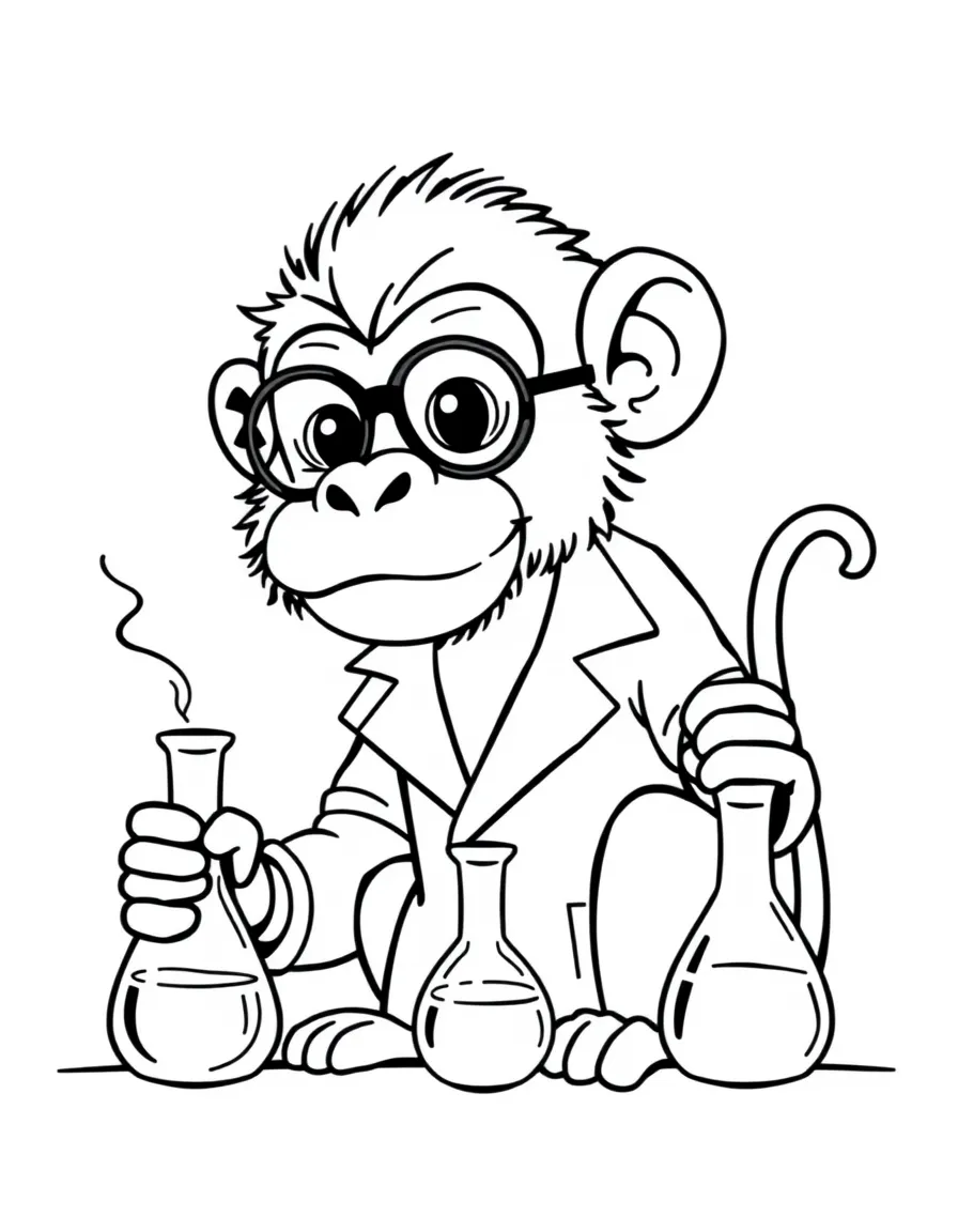 (Chinese Zodiac) Monkey scientist with beakers and simple lab equipment