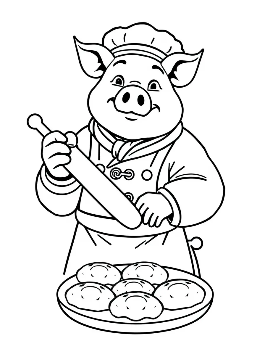 (Chinese Zodiac) Pig baker with rolling pin and freshly baked pies