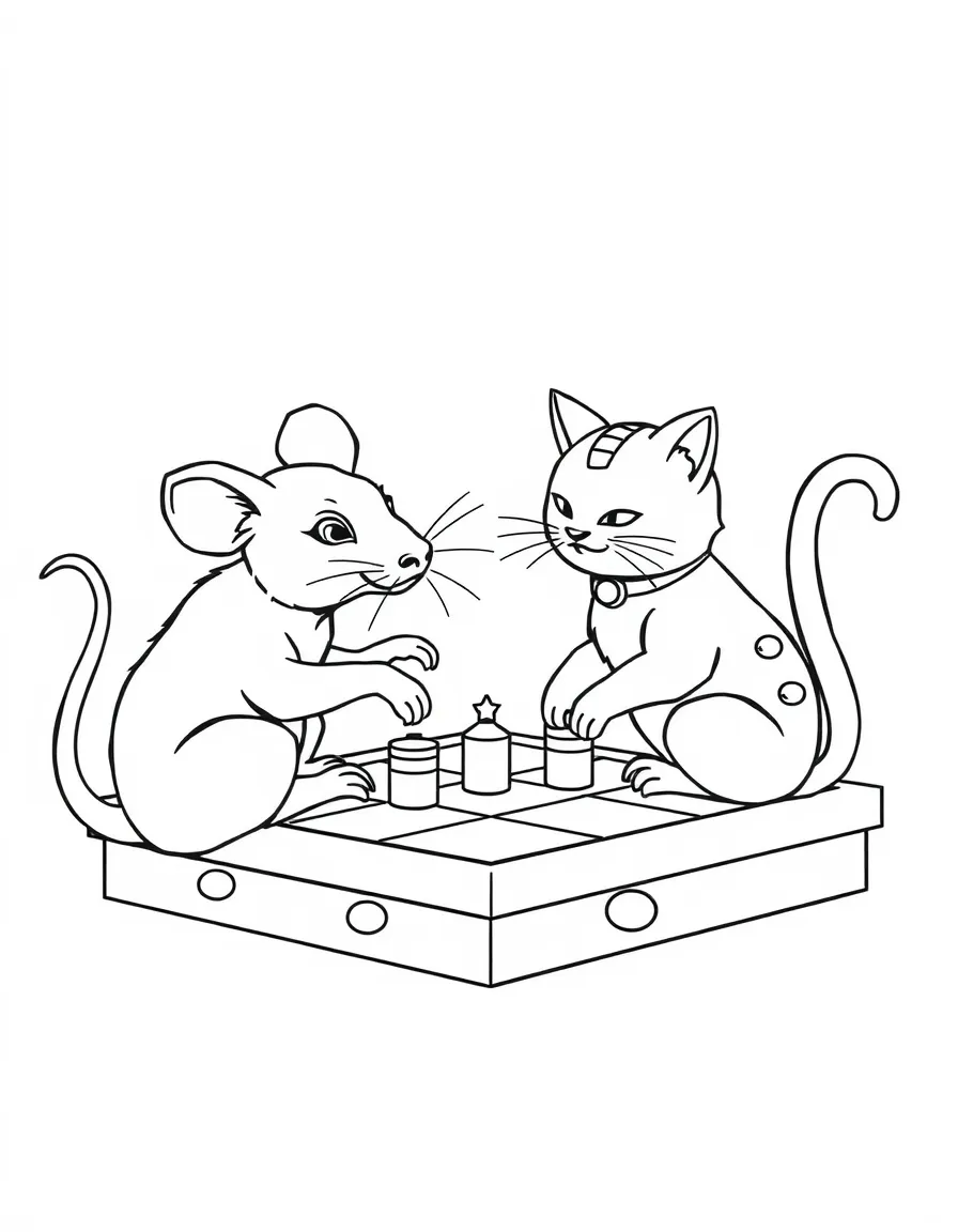 (Chinese Zodiac) Rat and cat playing chess on checkered board
