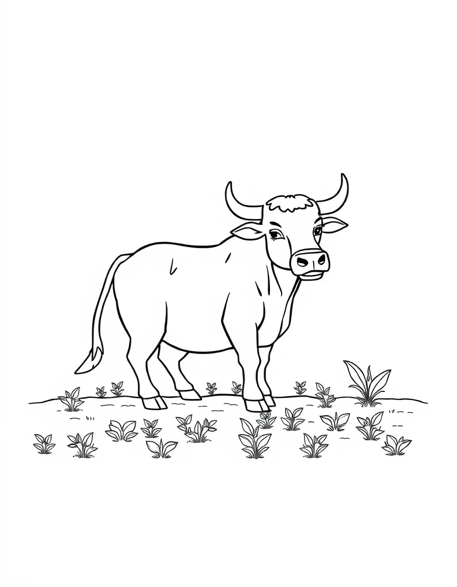 (Chinese Zodiac) Ox and farmer planting seeds in neat garden rows