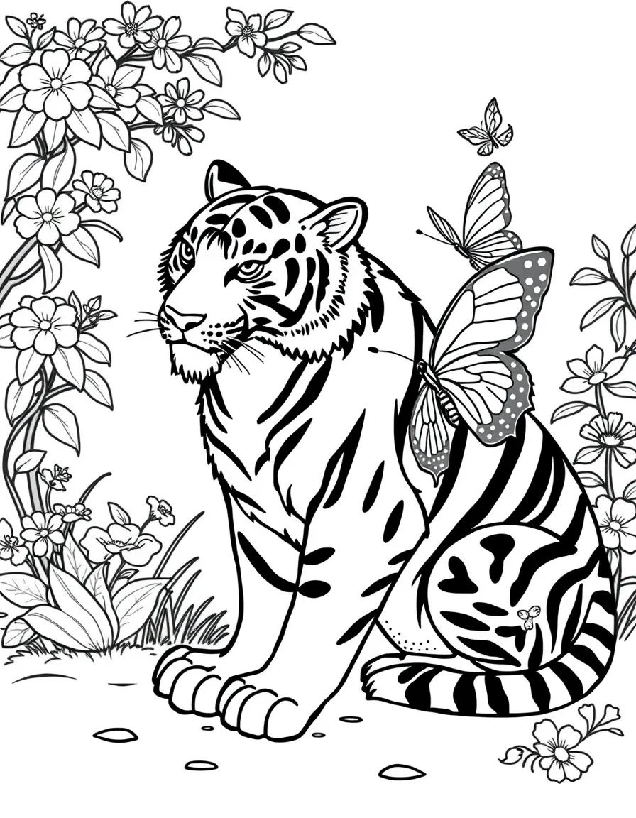 (Chinese Zodiac) Tiger and butterfly in peaceful garden setting