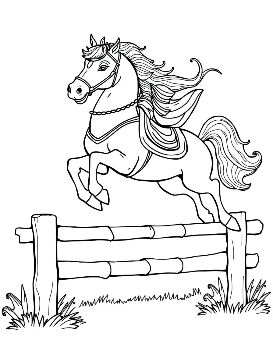 (Chinese Zodiac) Horse and rider jumping over simple fence obstacle