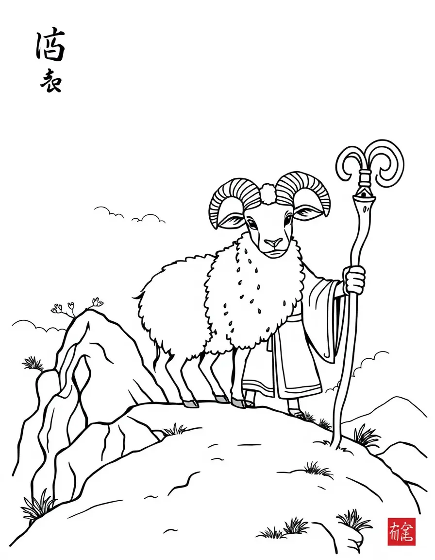 (Chinese Zodiac) Sheep and shepherd with crook staff on hillside