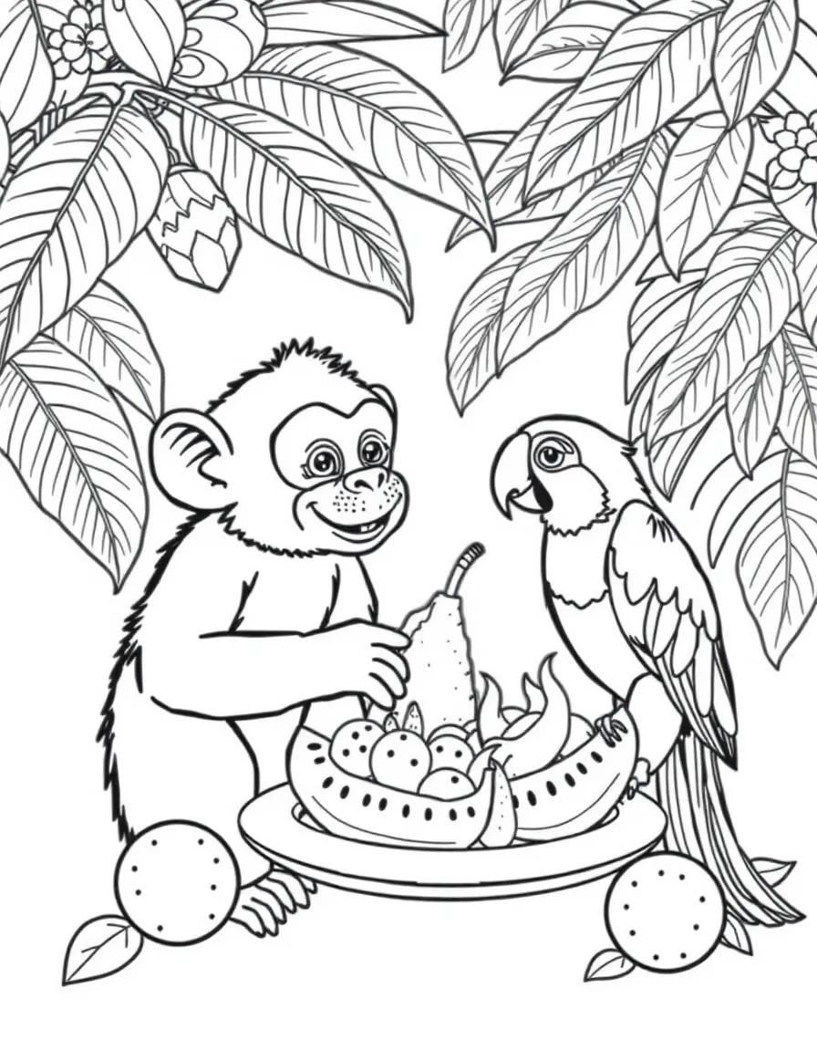 (Chinese Zodiac) Monkey and parrot sharing tropical fruit feast