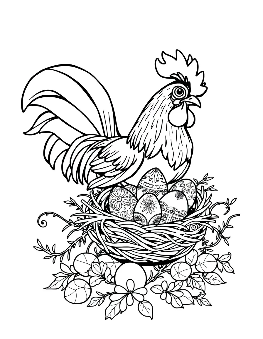 (Chinese Zodiac) Rooster and hen with nest full of decorated eggs