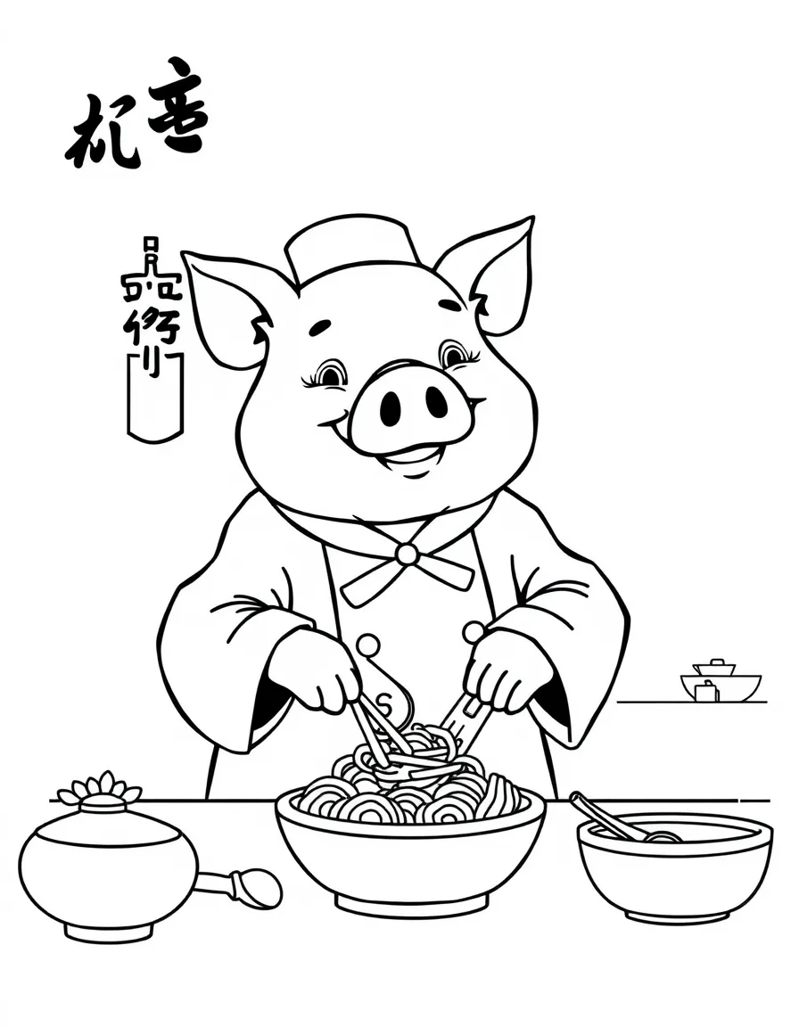 (Chinese Zodiac) Pig and chef preparing meal in kitchen with utensils