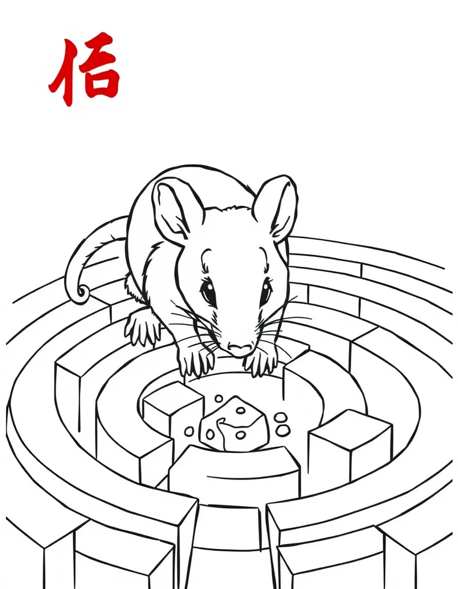 (Chinese Zodiac) Rat exploring maze with cheese at the center