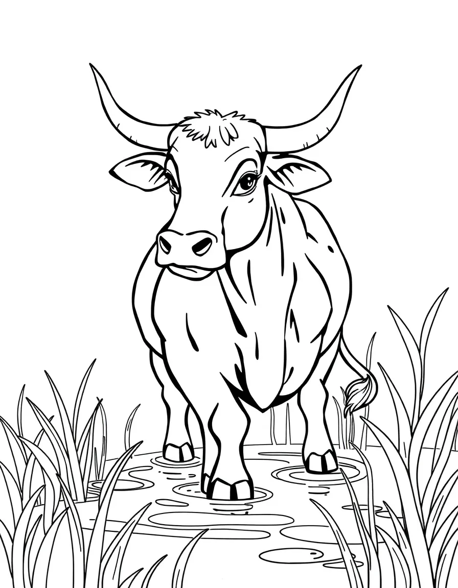 (Chinese Zodiac) Ox standing in rice paddy with water and plants