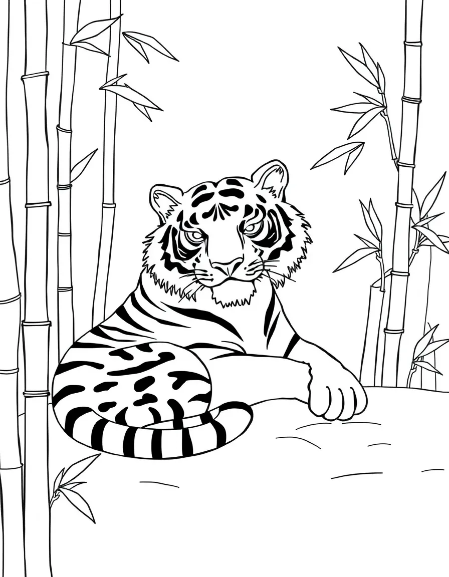 (Chinese Zodiac) Tiger resting in bamboo forest with tall stalks